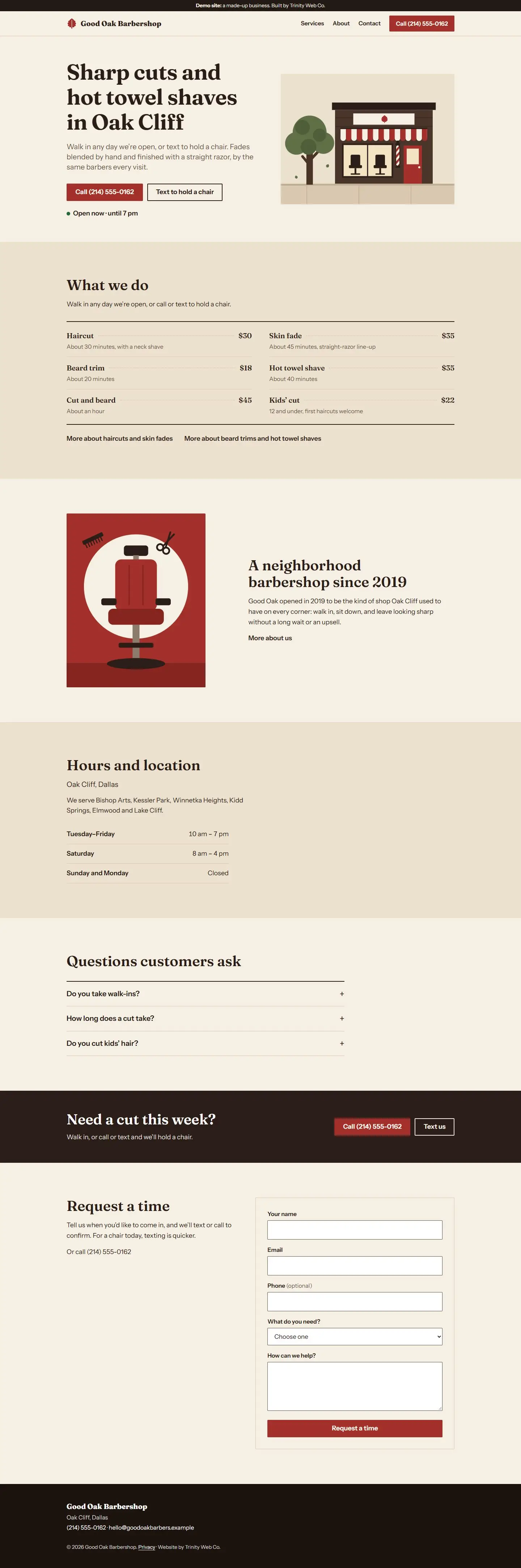Homepage of the Good Oak Barbershop demo: “Sharp cuts and hot towel shaves in Oak Cliff,” call and text buttons, “Open now · until 7 pm,” and an illustration of a corner barbershop