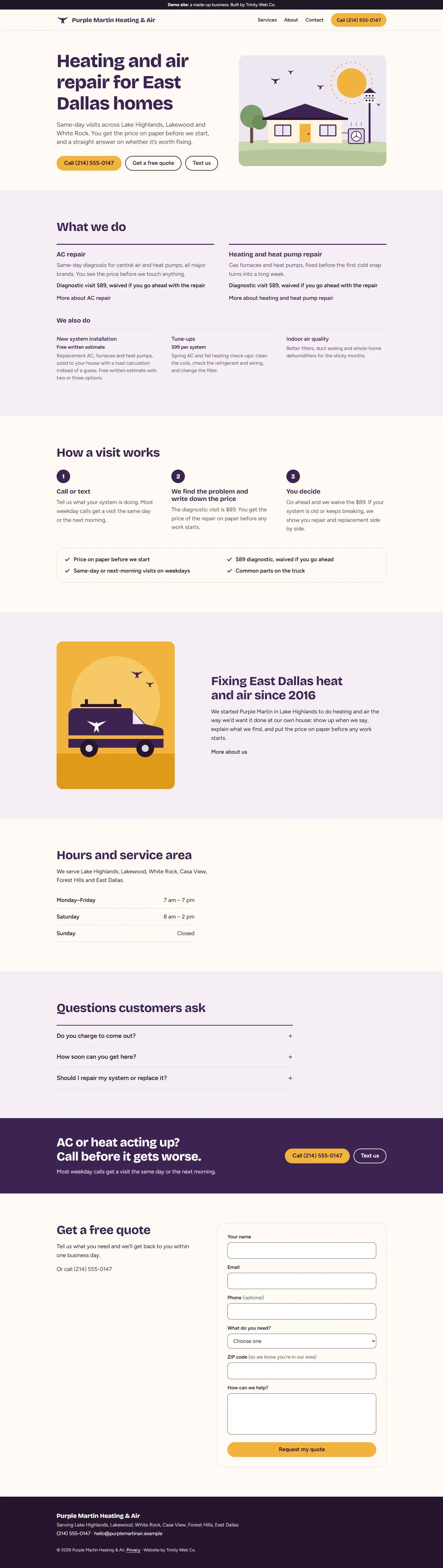 Homepage of the Purple Martin Heating & Air demo: “Heating and air repair for East Dallas homes,” call, quote and text buttons, and an illustration of a ranch house with an AC unit